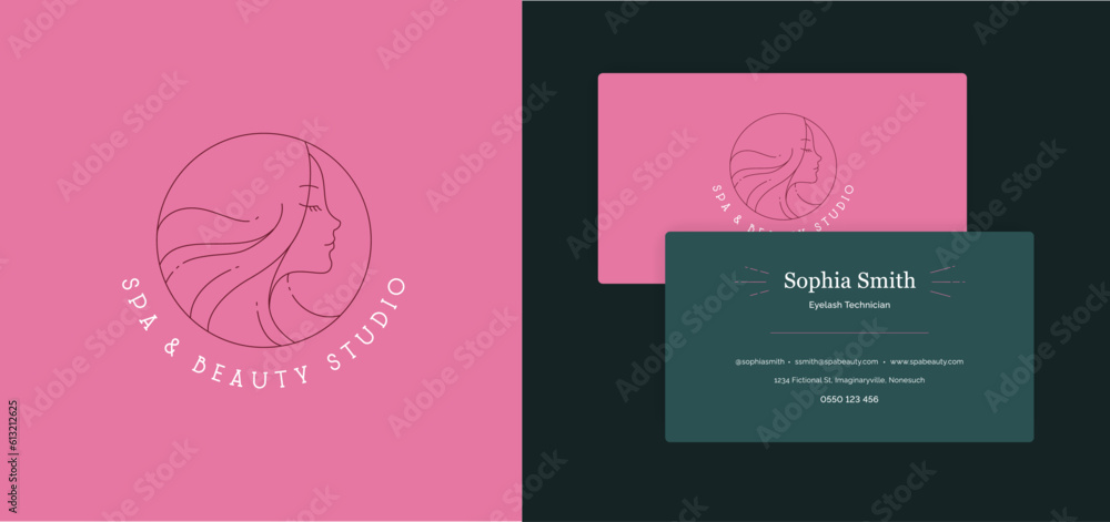Spa and beauty studio. Vector outline illustration. Boho style. Beautiful girl profile. Name and address, company name text placeholder on pink and green. Design layout template for poster, card