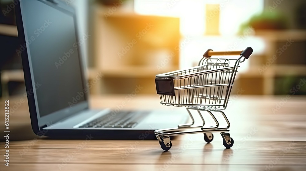 Shopping Cart Model and Laptop on Blurred Home Background. Online Business and E-Commerce Concept