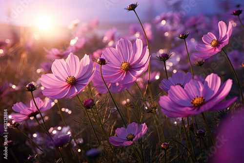 Cosmos flowers dripping in bloom at sunset. Generative AI
