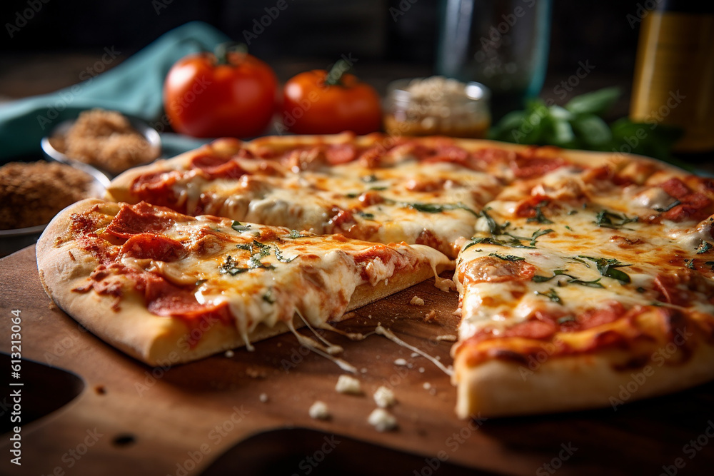 Cheesy Pizza Delight: Wood-Fired with Melting Cheese and tomato Sauce - Authentic Italian Cuisine - pizza - cheese - pizzeria - tomato - cheesy - wood-fired - pepperoni - Italian - generative ai