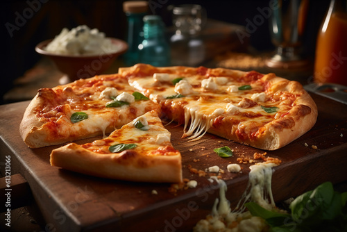 Cheesy Pizza Slice: Wood-Fired with Tomato Sauce and Melting Cheese - Irresistible Italian Delight - pizza - cheese - tomato - cheesy - wood-fired - pepperoni - Italian cuisine - generative ai