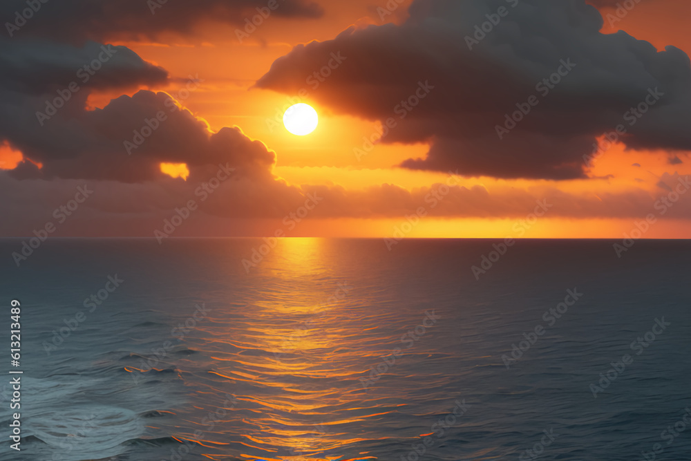 The sun is setting over the ocean on a cloudy day, AI generative