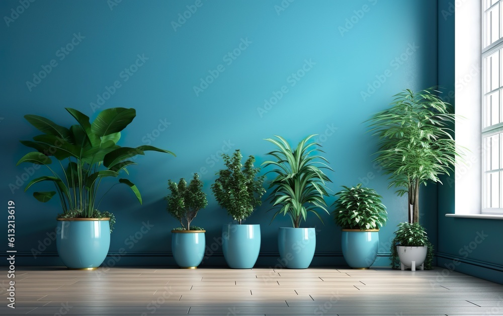 The indoor potted plants decoration in modern room with a wooden floor and blue wall. Generative AI