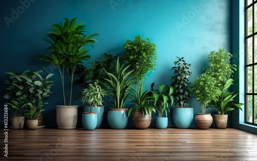 The indoor potted plants decoration in modern room with a wooden floor and blue wall. Generative AI © lanters_fla