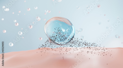 3D illustration of serum droplet cleansing dirt and impurities from skin surface. Concept for deep cleaning, skincare, pore detox, and facial treatment.
