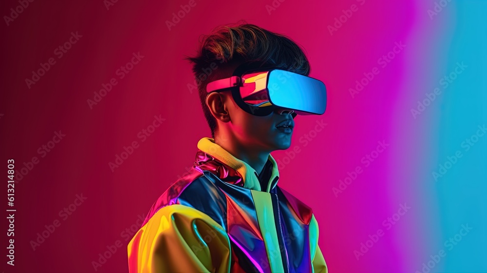 Portrait of a young man wearing virtual reality goggles against colourful background.Generative Ai Portrait of a young man wearing virtual reality goggles against colourful background.Generative Ai