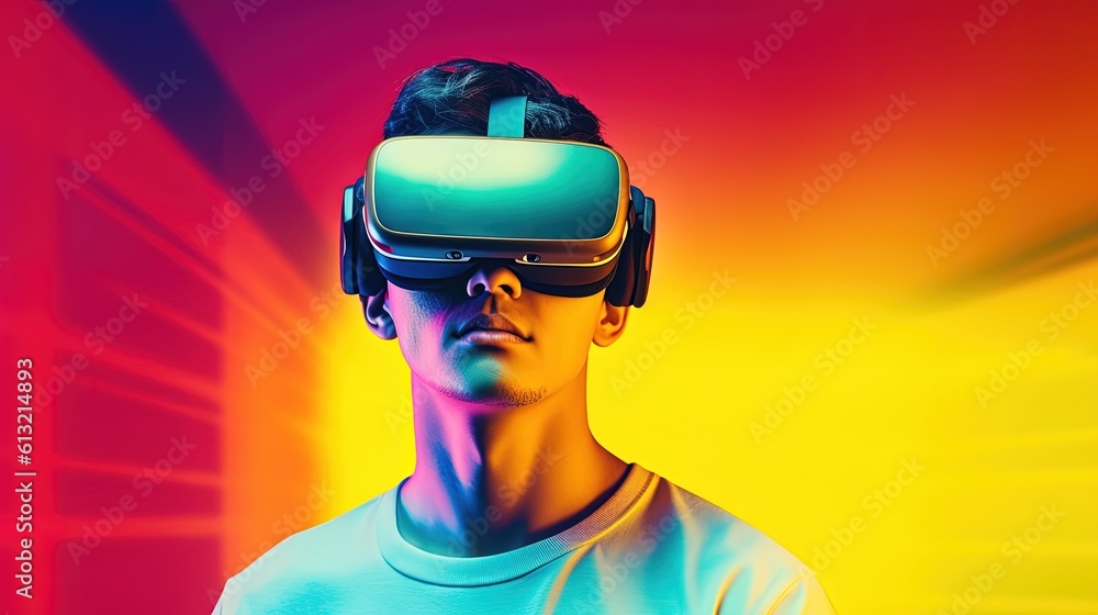 Portrait of a young man wearing virtual reality goggles against colourful background.Generative Ai Portrait of a young man wearing virtual reality goggles against colourful background.Generative Ai