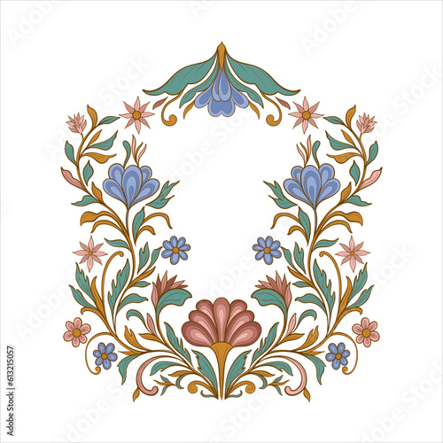 Decorative mughal ornamental frame for design. Vintage traditional ethno style with flowers and foliage.