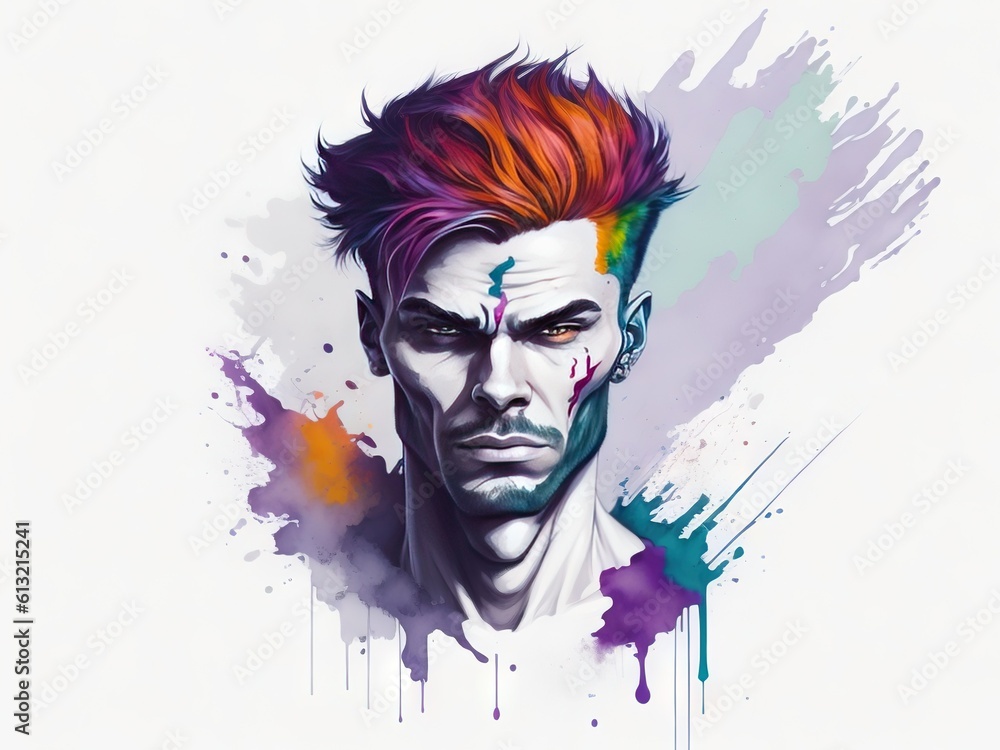 The face of a man with color hair, painted in watercolor on a white background. FHD abstract wallpaper.