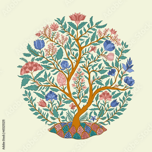 Mughal decorative ornamental tree. Vintage intricate traditional mughal style with flowers and foliage.