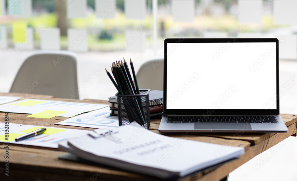 Laptop on desk and office equipment. Laptop on desk and office equipment.