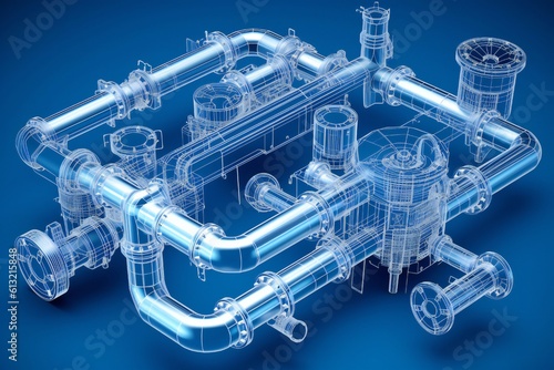 White plumbing pipes and connections blueprint on blue background Generative AI photo
