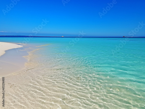 In this photo  there is a beautiful beach with clean sand and crystal-clear sea. Generative AI