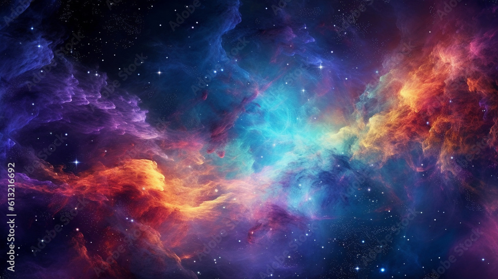 Vibrant celestial nebula filled with an array of colors, resembling a galaxy's ethereal cloud. A captivating nocturnal spectacle of countless stars in the vast expanse of the cosmo Generative AI