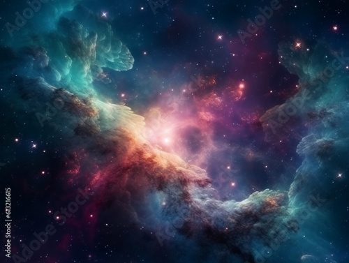 Vibrant celestial nebula of galaxies. Sparkling nocturnal cosmos. Scientific exploration of the universe through astronomy. Supernova-themed backdrop for wallpaper. Generative AI