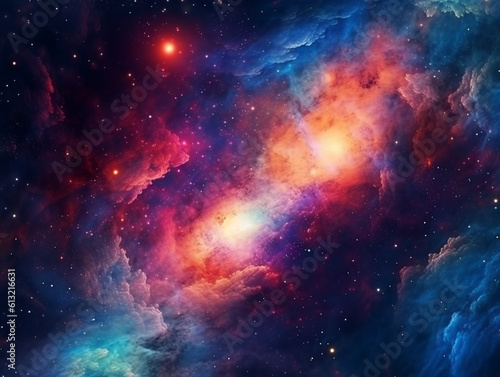 Vibrant celestial nebula of galaxies. Sparkling nocturnal cosmos. Scientific exploration of the universe through astronomy. Supernova-themed backdrop for wallpaper. Generative AI