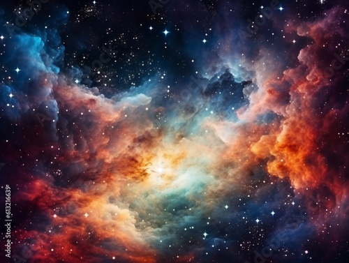 Vibrant celestial nebula of galaxies. Sparkling nocturnal cosmos. Scientific exploration of the universe through astronomy. Supernova-themed backdrop for wallpaper. Generative AI