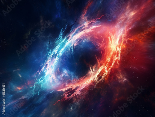 Space tempest. Vibrant ethereal vortex of interstellar gases. Celestial backdrop adorned with hues. The realm of science and astronomy. Bursting meteoric phenomenon. Generative AI