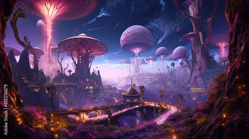 Futuristic extraterrestrial world scenery featuring a violet nocturnal firmament adorned with multiple moons and twinkling celestial bodies. Enigmatic otherworldly flora and an opu Generative AI