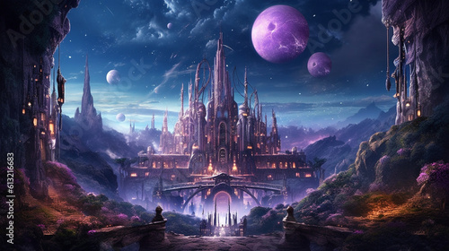 Futuristic extraterrestrial world scenery featuring a violet nocturnal firmament adorned with multiple moons and twinkling celestial bodies. Enigmatic otherworldly flora and an opu Generative AI