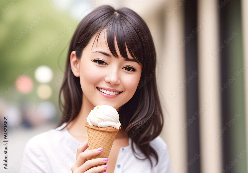Beautiful woman with an ice cream cone on a sunny summer day. Generative AI Beautiful woman with an ice cream cone on a sunny summer day. Generative AI