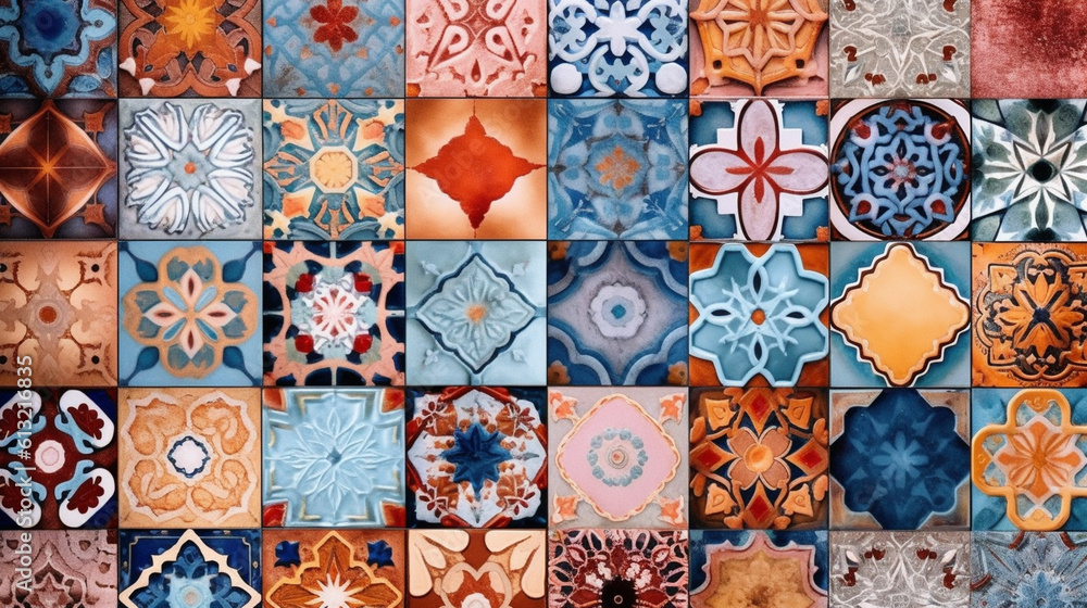Fototapeta premium Vibrantly patterned abstract tiles backdrop. Traditional Moroccan textile with intricate designs. Ornamental wall covering. Generative AI