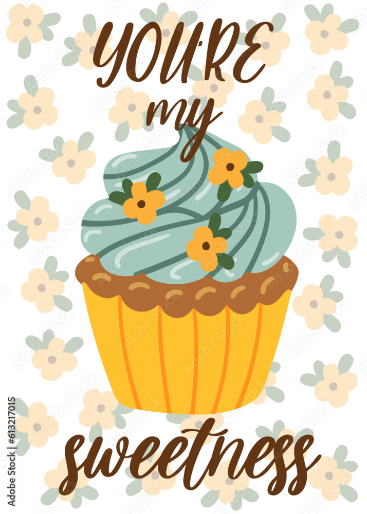 Greeting card template with Cute cartoon cupcake for birthday, valentines day, scrapbook or bakery design postcard, poster or banner Greeting card template with Cute cartoon cupcake for birthday, valentines day, scrapbook or bakery design postcard, poster or banner