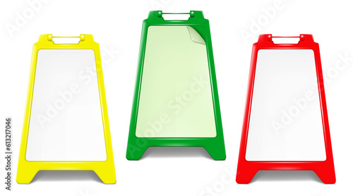 Sandwich board front view, color vector mockup set. Blank A-frame advertising display sign mock-up. Template for design. Easy to recolor