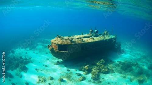 Submerged vessel on the ocean floor. Generative AI