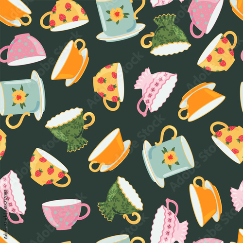 Tea or coffee cups vector seamless pattern. Ceramic crockery theme. Cartoon mugs Kitchen background