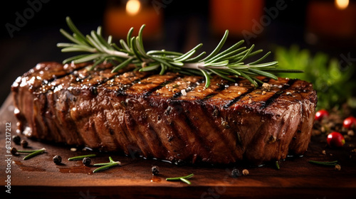 Grilled beef steak seasoned with rosemary. Generative AI