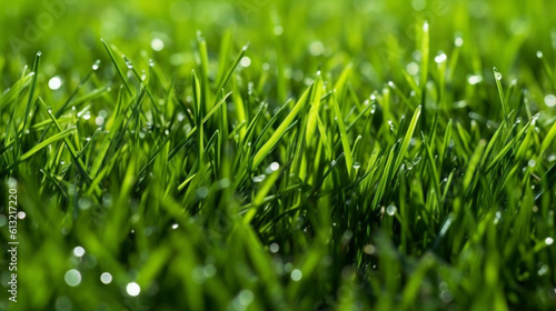 Close-up macro shot of a lush green grass field. Generative AI