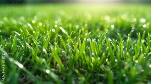 Close-up macro shot of a lush green grass field. Generative AI