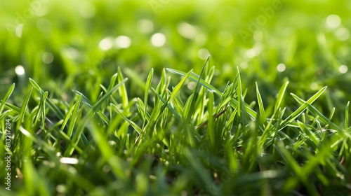 Close-up of a lush, macro view of a field with vibrant green grass. Generative AI