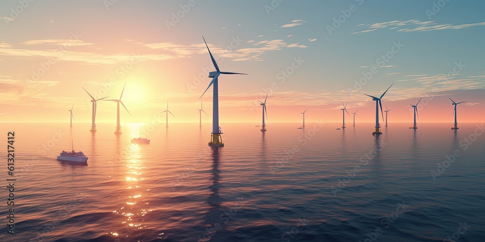Ocean Wind Farm. Windmill farm in the ocean at sunrise. Offshore wind turbines in the sea. Wind turbine from aerial view.
