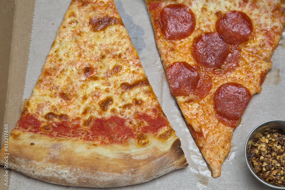 new york city style pizza slice (pepperoni, plain slice) nyc pizzeria