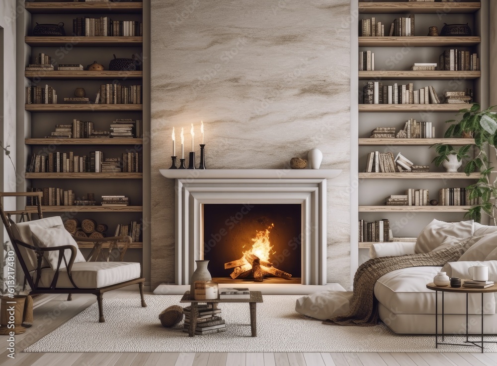 Wicker baskets with firewood and white fireplace in cozy living room. Created with Generative AI technology. Wicker baskets with firewood and white fireplace in cozy living room. Created with Generative AI technology.