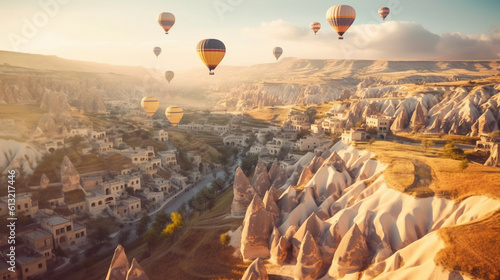 Flying balloons in Cappadocia, Turkey. Generative AI