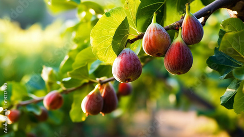 Close-up of figs hanging from a branch in an orchard. Generative AI
