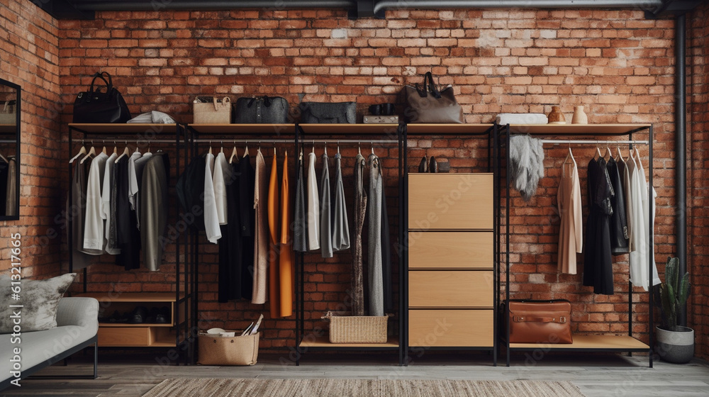 Fashionable garments displayed in clothing racks and stored in modern wardrobes. Generative AI Fashionable garments displayed in clothing racks and stored in modern wardrobes. Generative AI