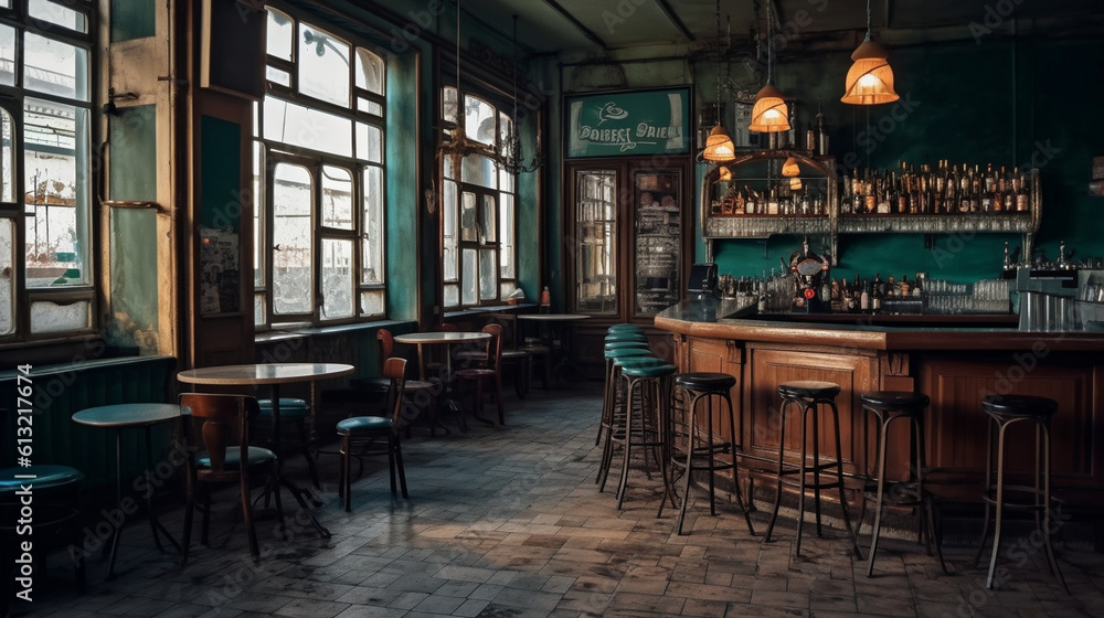 Deserted café or bar interior during daylight hours. Generative AI Deserted café or bar interior during daylight hours. Generative AI