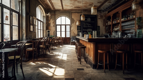 Deserted cafÃ© or bar interior during daylight hours. Generative AI © Julia