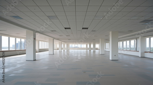 Spacious interior of a vacant large office. Generative AI