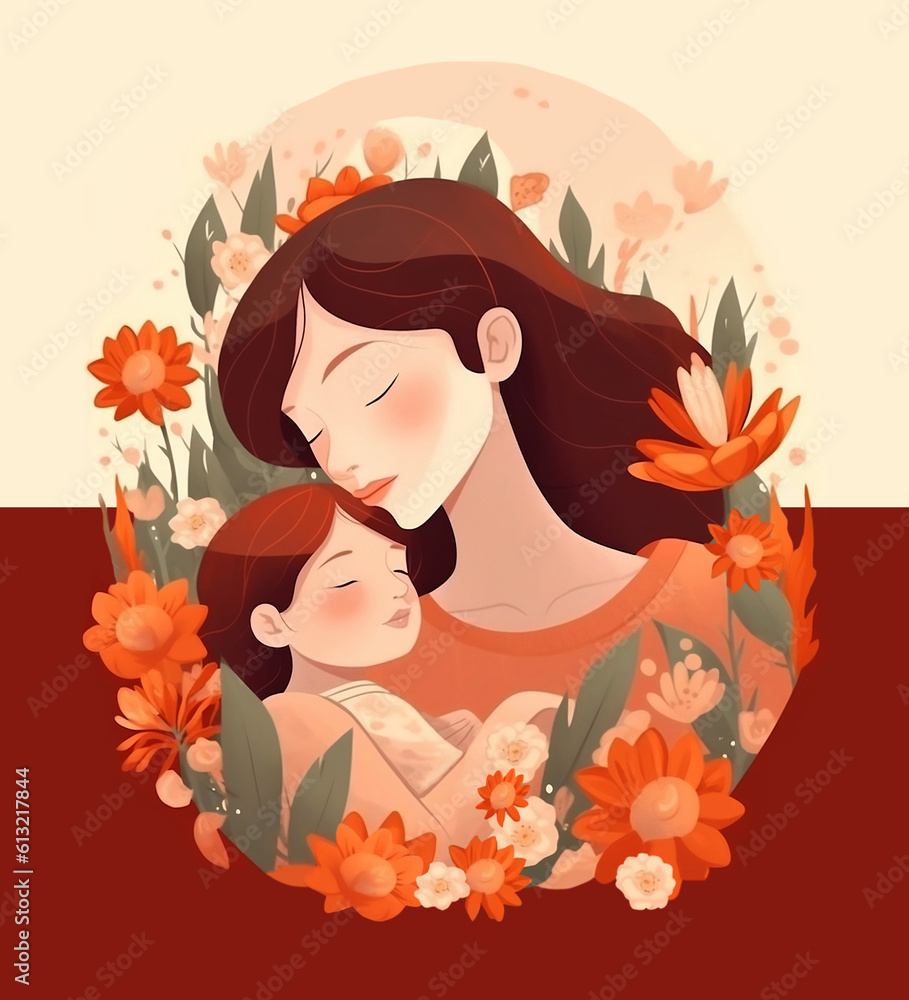 Illustration of mother cuddling her child. Bright flowers in the background. Mother's Love.