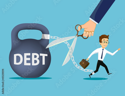 Businessman is chained to a kettlebell with the inscription debt. Vector illustration