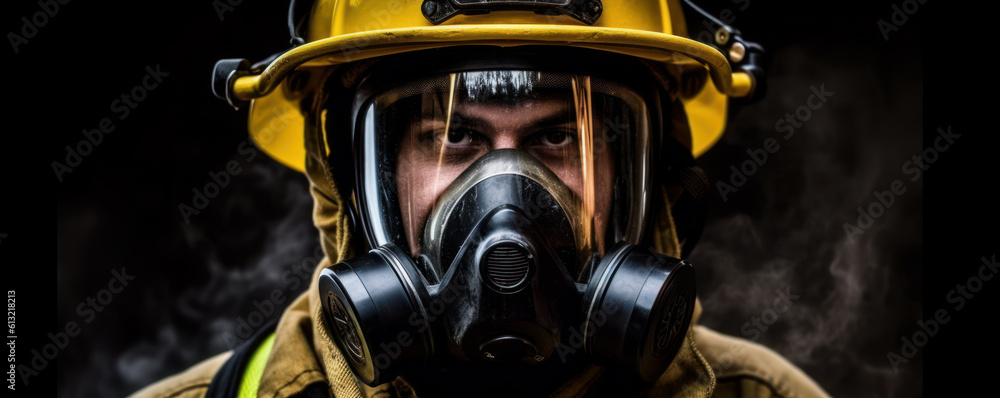 Fototapeta premium Fearless Protector: Portrait of a Firefighter in Protective Gear. Generative AI.