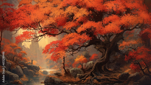 Serene Autumn: Vintage Japanese Painting of Maple Tree. Generative AI.