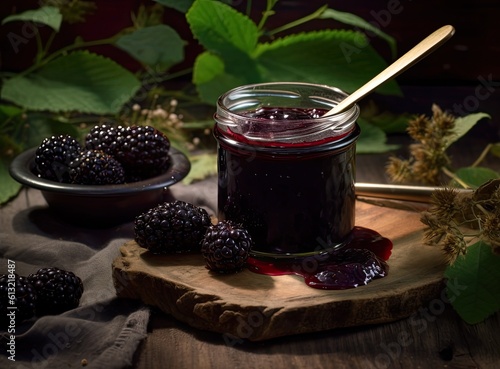 Fresh homemade blackberry jam in glass jar on a wooden background. Several fresh berries are near it. Created with Generative AI technology.
