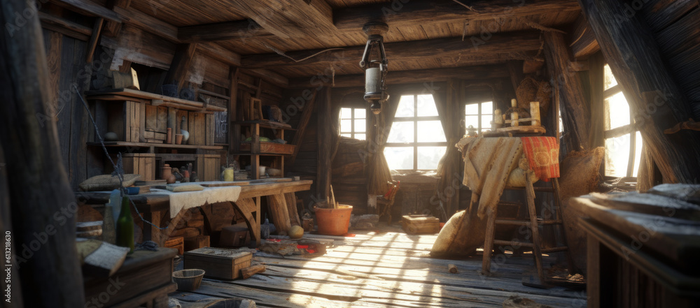 Woodworking and craft room. A rustic room by the window. Crafts and wood workers room. Generative AI