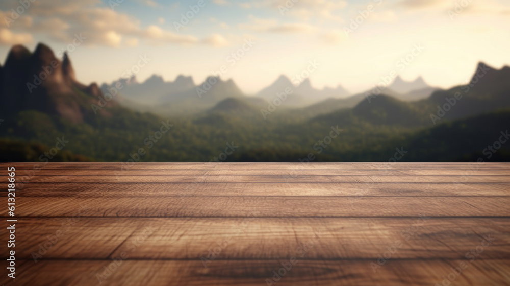 Empty wooden table top with blurred mountains background for natural product display podium background - Generative AI